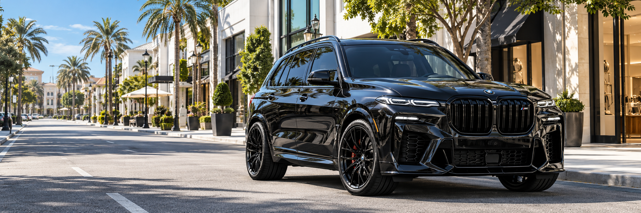 Black BMW X8 M Competition SUV with custom forged wheels parked on a sunny upscale shopping street lined with palm trees and luxury storefronts.