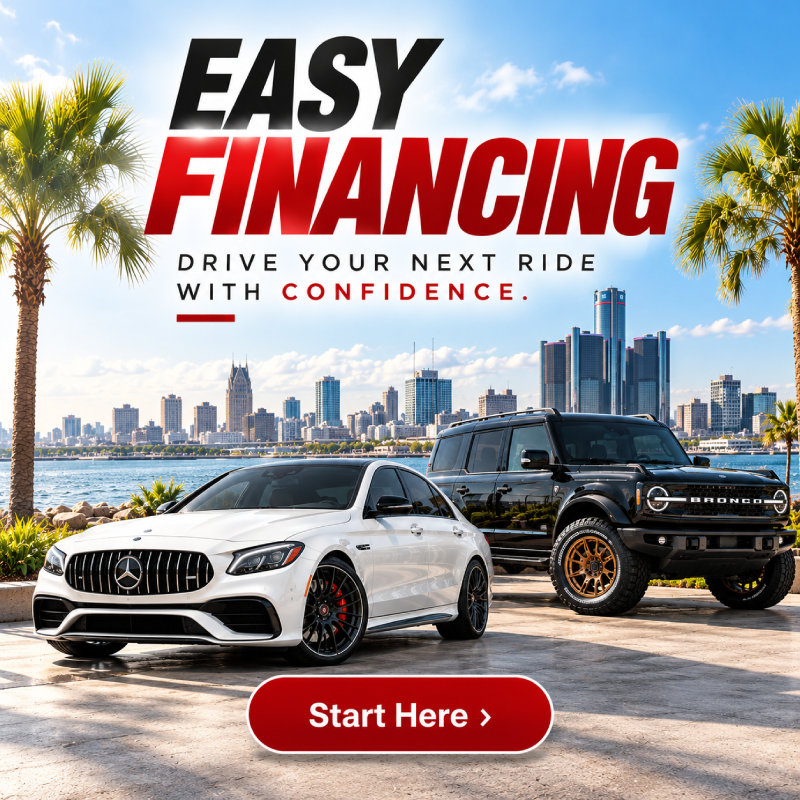 Square Dream Motors financing graphic featuring a white Mercedes-AMG sedan and a black Ford Bronco in front of the Detroit skyline, with bold “Easy Financing” text and a red “Start Here” button.